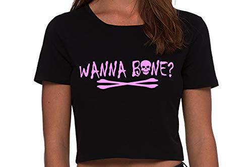 Knaughty Knickers Wanna Bone Want To Bone Halloween Fun Flirty Black Crop Top