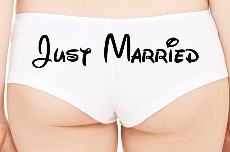 JUST MARRIED 2 Wifey new wife honeymoon engagement bridal bachelorette hen gift panty Panties boyshort color white sexy funny party ring