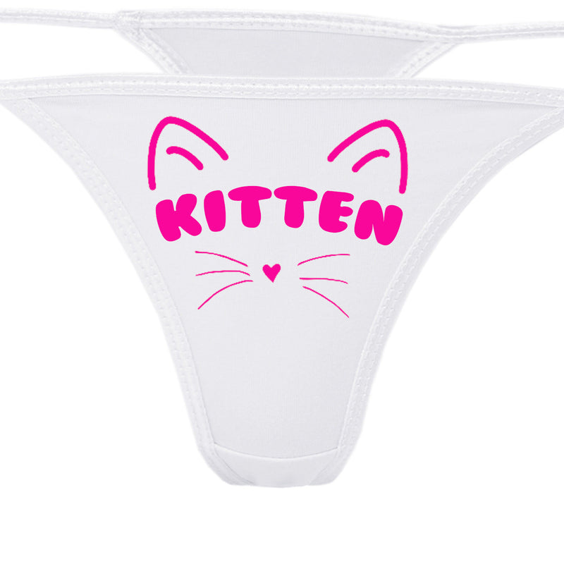 KITTEN FACE WITH WHISKERS ON WHITE THONG