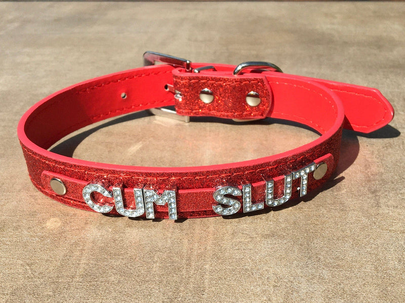 CUMSLUT rhinestone choker sparkly red collar for daddy&#39;s little slut ddlg hotwife shared owned Cum Slut Fuck Me