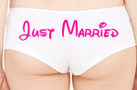 JUST MARRIED 2 Wifey new wife honeymoon engagement bridal bachelorette hen gift panty Panties boyshort color white sexy funny party ring