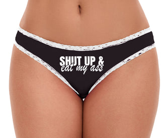 Shut Up and Eat My Ass - Black Bikini White Lace