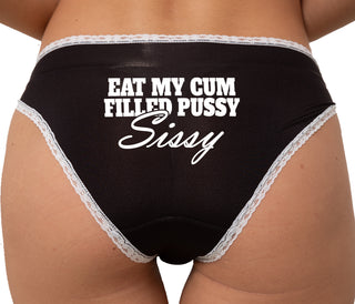 Eat My Cum Filled Pussy Sissy  Cuck Bikini - Black with White Lace