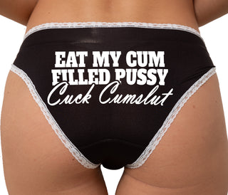 Eat My Cum Filled Pussy  Cuck Cumslut Bikini - Black with White Lace