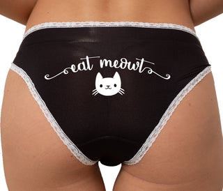 Eat Meowt - Cute Cat Face Bikini - Black with White Lace