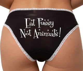 Eat Pussy Not Animals - Vegan Vegetarian Fun Bikini - Black with White Lace