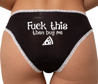 Fuck This Then Buy Me Pizza Bikini - Black with White Lace