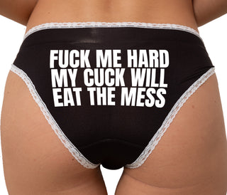 Fuck Me Hard Cuck Will Eat The Mess Bikini - Black with White Lace