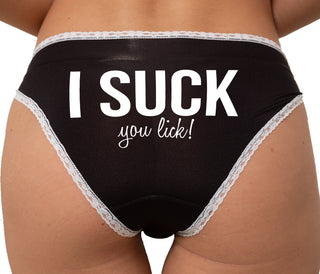 I Suck You Lick Bikini - Black with White Lace
