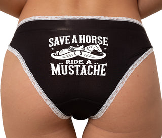 Save A Horse Ride A Mustache Bikini - Black with White Lace