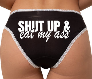 Shut Up and Eat My Ass Bikini - Black with White Lace