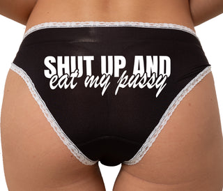 Shut Up and Eat My Pussy Bikini - Black with White Lace
