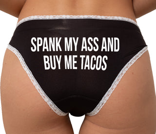 Spank My Ass And Buy Me Tacos Bikini - Black with White Lace