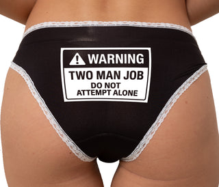 Warning Two Man Job Bikini - Black with White Lace