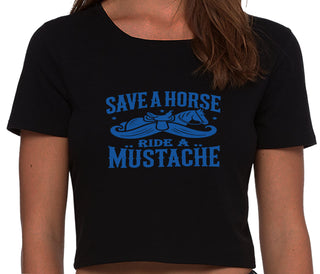 Save A Horse Ride A Mustache - Black Crop Top