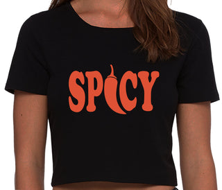 Spicy - Cute Pepper Logo - Black Crop Top