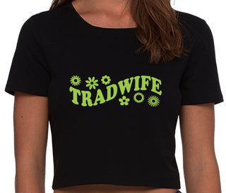 TradWife - Flower Design - Black Crop Top