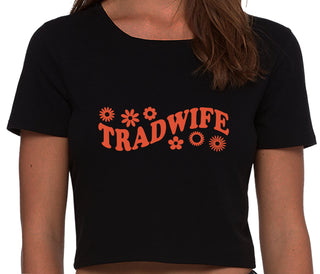 TradWife - Flower Design - Black Crop Top