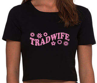 TradWife - Flower Design - Black Crop Top