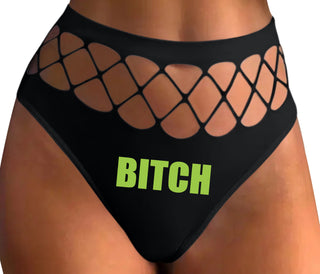 Bitch - Bold Font - Black Fishnet Thong