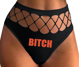 Bitch - Bold Font - Black Fishnet Thong