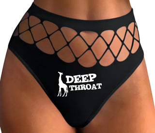 Deep throat - Giraffe Funny Logo - Black Fishnet Thong