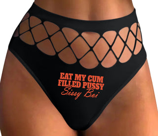 Eat My Cum Filled Pussy Sissy Boi - Black Fishnet Thong