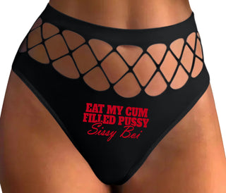 Eat My Cum Filled Pussy Sissy Boi - Black Fishnet Thong