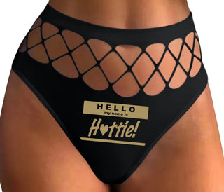 Hello My Name Is Hottie - Black Fishnet Thong