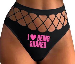 I Love Being Shared - Black Fishnet Thong