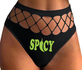 Spicy - Cute Pepper Logo - Black Fishnet Thong