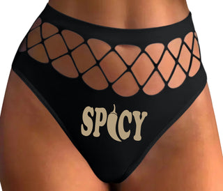 Spicy - Cute Pepper Logo - Black Fishnet Thong