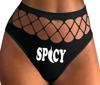 Spicy - Cute Pepper Logo - Black Fishnet Thong