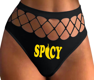 Spicy - Cute Pepper Logo - Black Fishnet Thong