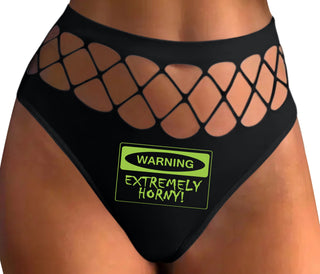 Warning Extremely Horny - Black Fishnet Thong