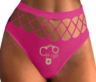 Cop Wife - Cute Handcuffs - Fuchsia Fishnet Thong