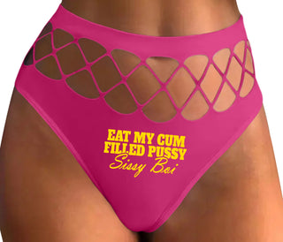 Eat My Cum Filled Pussy Sissy Boi - Fuchsia Fishnet Thong