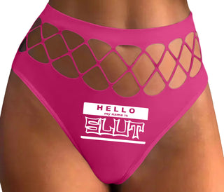 Hello My Name Is Slut - Fuchsia Fishnet Thong