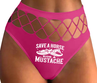 Save A Horse Ride A Mustache - Fuchsia Fishnet Thong