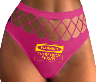 Warning Extremely Horny - Fuchsia Fishnet Thong