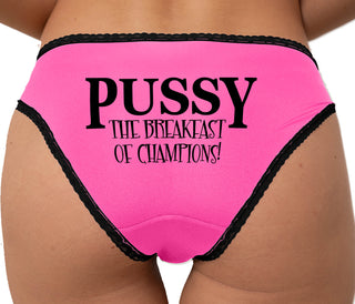 Pussy Is The Breakfast Of Champions Bikini - Pink with Black Lace