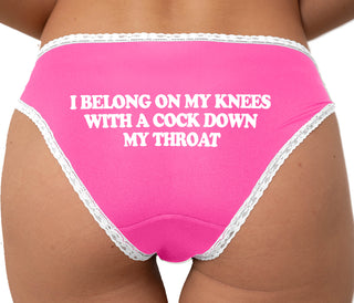 I Belong On My Knees With A Cock Down My Throat Bikini - Pink with White Lace