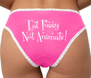 Eat Pussy Not Animals - Vegan Vegetarian Fun Bikini - Pink with White Lace