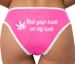 Roll Your Kush On My Tush Bikini - Pink with White Lace