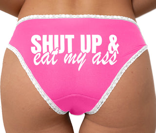 Shut Up and Eat My Ass Bikini - Pink with White Lace