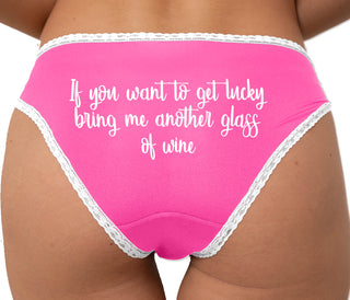If You Want To Get Lucky Bring Me Another Glass Of Wine Bikini - Pink with White Lace