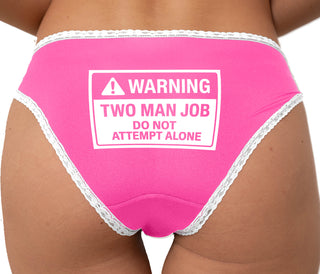 Warning Two Man Job Bikini - Pink with White Lace