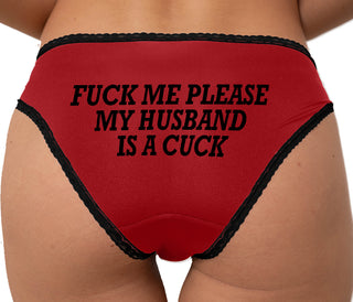 Fuck Me Please My Husband Is A Cuck Bikini - Red with Black Lace