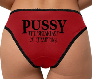 Pussy Is The Breakfast Of Champions Bikini - Red with Black Lace
