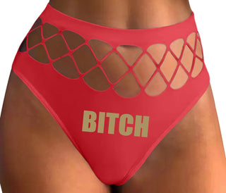 Bitch - Bold Font - Red Fishnet Thong